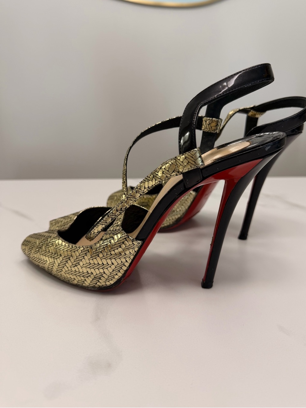 Christian Louboutin Gold and Black Strappy Peep-Toe Sandals - Picture 2 of 7